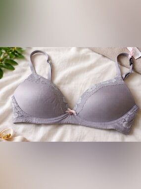 Victoria's Secret Light Gray Lace Trim T-Shirt Bra Size 32C